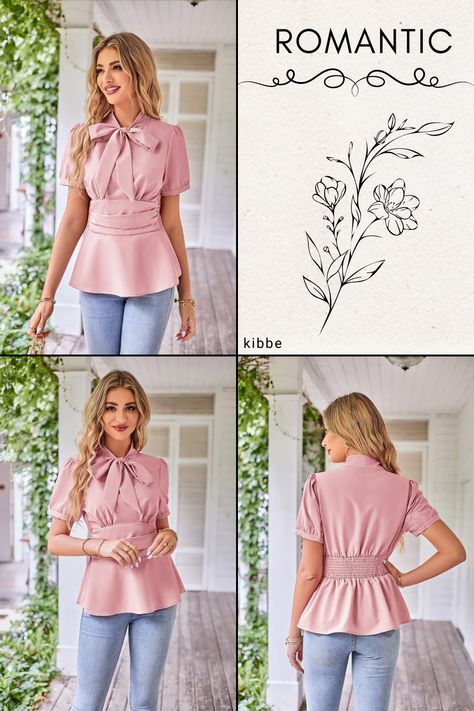 Romantic Kibbe Style, Blouse Puff Sleeve, Kibbe Romantic, Vintage Bow Tie, Narrow Waist, Women's Office, Womens Office, Bow Tie Blouse, Romantic Woman