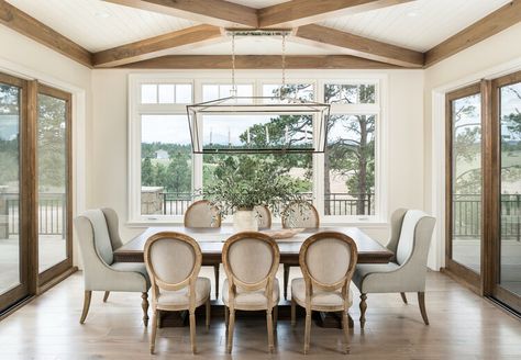 millwork — Riverwoods Mill Painted Tongue And Groove, Ceiling With Beams, Inviting Dining Room, Bahamas House, Office Wall Colors, Dinner Design, Groove Ceiling, Dark Wood Desk, Hollywood Regency Home