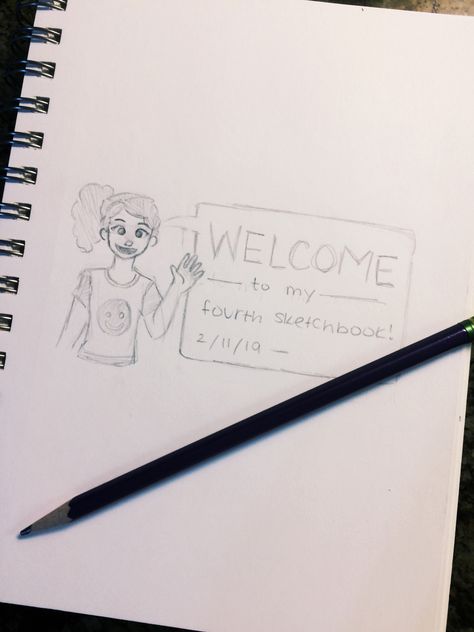 The opening page of the sketchbook. Usually I like to draw myself welcoming people. Sketch Book Opening Page, Sketch Book Welcome Page Ideas, Opening Sketchbook Page, Opening Page Sketchbook, Sketch Book Opening Page Ideas, What To Draw On The First Page, Welcome To My Sketchbook Ideas, Welcome Pages Sketchbook, Welcome Sketchbook Page