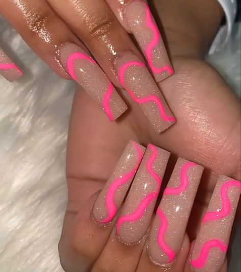 sparkly nails with neon pink squiggly Squiggly French Tip, Nail Squiggle Design, Pink Sparkly Nails, Sns Nails Designs, French Nail Tips, Neon Pink Nails, Hot Pink Nails, White Glitter Nails, Homecoming Nails Acrylic