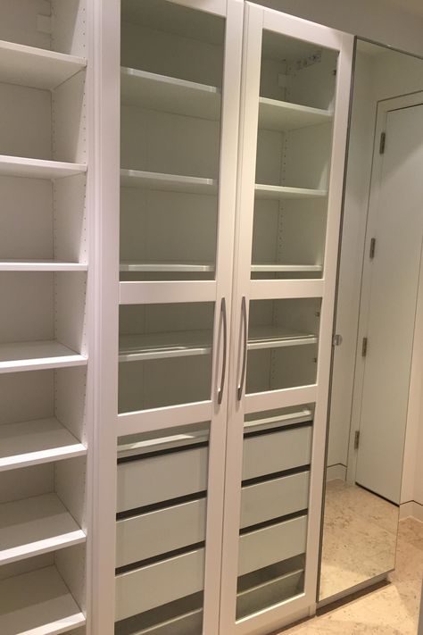 IKEA PAX Wardrobe with Glass Doors and Chrome Handles. Extra storage/pantry/wardrobe. Ikea Pax With Glass Doors, Ikea Pax Glass Doors, Wall Nooks, Ikea Pax Corner Wardrobe, Pantry Wardrobe, Pax Corner, Ikea Pax Doors, Pax Corner Wardrobe, Dressing Ikea