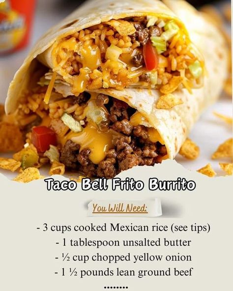 Crockpot Recipes lovers | Taco Bell Frito Burrito 🌯 | Facebook Qdoba Ground Beef Recipe, Frito Burrito, Homemade Taco Bell, Burritos Beef, Fritos Corn Chips, Burrito Recipe, Grandma's Recipes, Beef Rice, Nacho Cheese Sauce