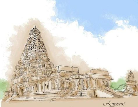 Thanjavur Temple Painting, Brahadeeshwara Temple, Tanjore Temple, Big Temple, Temple Drawing, Sketch Background, South Indian Bridal Jewellery, Indian Temple Architecture, Birthday Posters