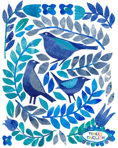 Three blue birds by Tracey English www.tracey-English.co.uk Blue Birds Painting, Blue Bird Illustration, English Illustration, 자작나무 그림, Tracey English, Scandinavian Folk Art, Blue Birds, Folk Art Painting, Bird Illustration