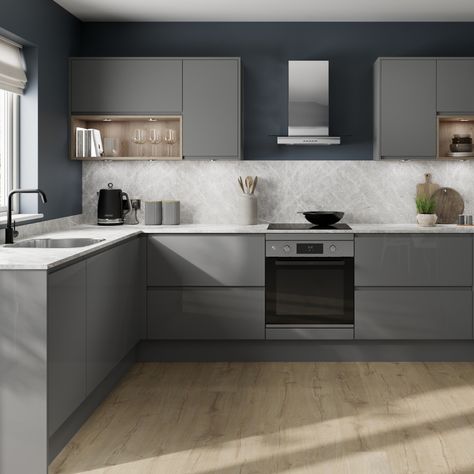 Grey Gloss Kitchen, Black And Grey Kitchen, Dark Grey Kitchen Cabinets, Light Grey Kitchen Cabinets, Glossy Kitchen, Modern Grey Kitchen, Light Grey Kitchens, Dark Grey Kitchen, Grey Kitchen Designs