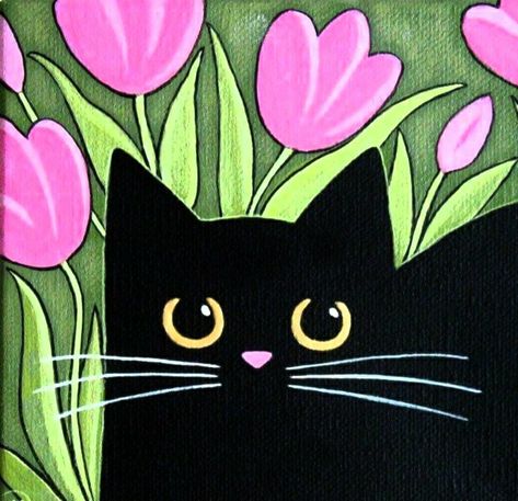 Cute Cat Painting Ideas, Simple Cat Painting Canvas, Paint Cat Easy, Small Cat Painting, Simple Cat Painting Ideas, Easy Black Cat Painting, Cats Painting Easy, Diy Cat Painting, Easy Cat Painting Ideas On Canvas