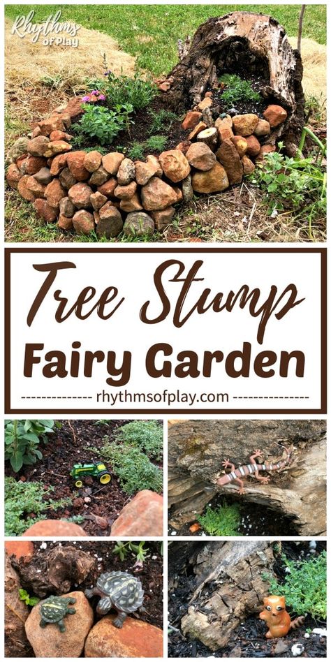 Tree Stump Fairy Garden! Learn how to make a fairy garden in a tree stump - and a stone stack container - with this DIY fairy garden tutorial. | #FairyGarden #DIYFairyGarden #TreeStump #BackyardDIY #GardenDIY Fairy Crafts For Adults, Tree Stump Fairy Garden, Tree Stumps Diy, Fairy Garden Tree, Make A Fairy Garden, Stump Ideas, Make A Fairy, Diy Fairy Garden, Fairy Garden Plants