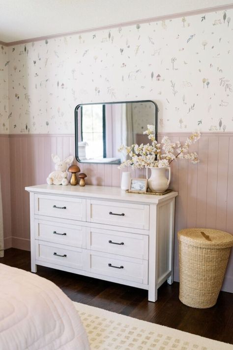 Whimsical farmhouse big girl room with pink paint Bunny Nursery Girl, Whimsical Girls Bedroom, Pink Toddler Rooms, Girl Floral Bedroom, Girls Pink Bedding, Pink Playroom, Whimsical Farmhouse, Farm Room, Barn Bedrooms