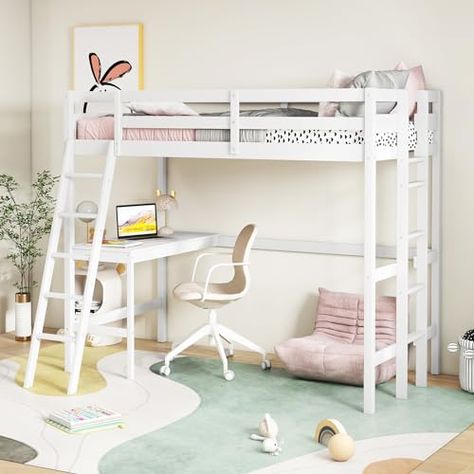 KOMFOTT Twin Loft Bed with Desk, Wooden Loft Bed Frame with 2 Ladders, Safety Guardrail for Teenagers and Adults, Space-Saving Loft Bed with Wooden Slats Support, No Box Spring Needed (White) Bed With Futon, Futon Chair Bed, Girls Loft Bed, Storage Staircase, Hardwood Bed, High Sleeper Bed, Futon Chair, High Sleeper, Loft Bed Frame