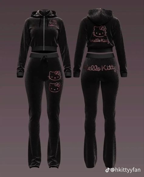 Hello Kitty Tracksuit, Velvet Two Piece, Rock Star Outfit, Velvet Tracksuit, Latina Outfits, 90s Inspired Outfits, Hello Kitty Accessories, Two Piece Jumpsuit, Cute Fits