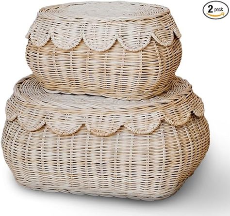 Amazon.com: BEBE BASK Hand Woven Rattan Basket Set - 15x10x6 Inch - Small Scalloped Baskets - Round Wicker Basket - Wicker Storage Basket - Rattan Basket With Lid (Natural) : Baby Mauve Nursery, Round Wicker Basket, Ocean Kids, Wicker Storage, Basket With Lid, Business Baby, Green Nursery, Wicker Baskets Storage, Lid Storage