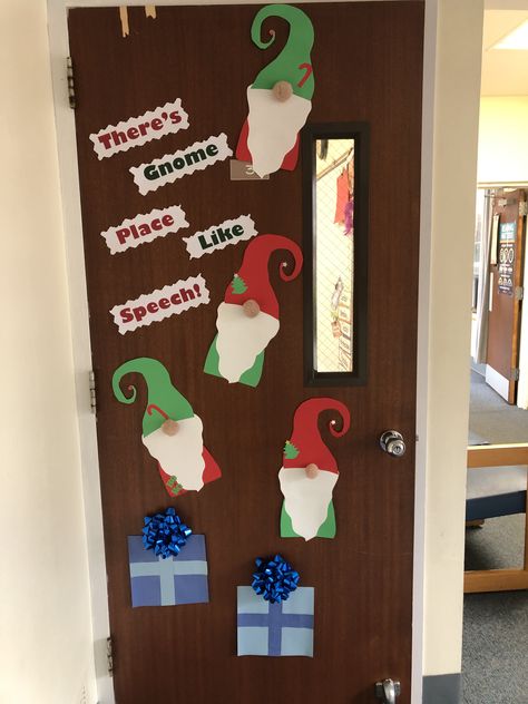 Speech therapy door decoration for winter holiday Speech Therapy Christmas Door, Gnome Christmas Door Decorating Contest, Speech Classroom Decor, Hospital Christmas, Holiday Office Decor, Speech Classroom, Therapy Crafts, Christmas Speech Therapy, Therapy Decor