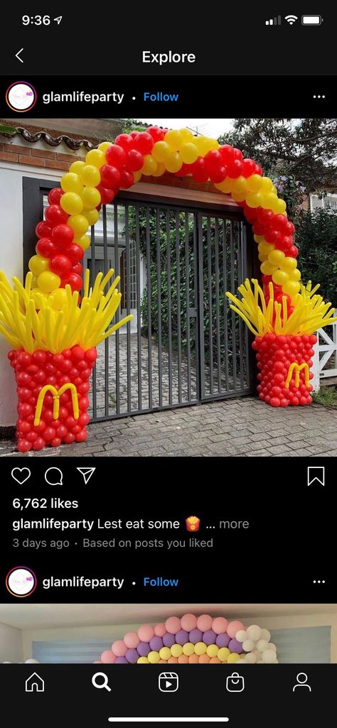 Mcdonalds Balloon Arch, Mcdonalds Trunk Or Treat Ideas, Mc Donald Birthday, Mc Donald Party, Fast Food Party, Potato Party, Mcdonalds Birthday Party, Birthday 16, Birthday Freebies