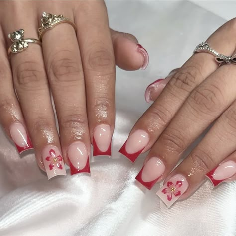 ig: cindyxnaiils French Tip Nails With Red Design, Short Nail Designs Red And White, Simple Red French Tip Nails, Red Design Short Nails, Red White Nails Short, Red And White Nails Ideas, Red And White French Tip Nails, Red Nail Inspo Short, Red French Tip Nails Short