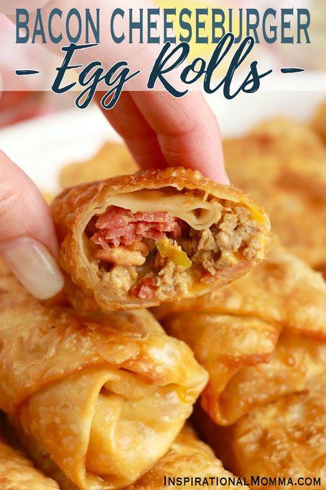 Cheeseburger Egg Roll Recipes, Cheeseburger Egg Roll, Bacon Jam Cheeseburger Egg Rolls, Bacon Cheeseburger Eggrolls Recipe, Cheeseburger Tortilla, Baked Cheeseburger Eggrolls, Rolled Dumplings Recipe, Airfryer Cheeseburger Egg Rolls, Superbowl Sunday Food