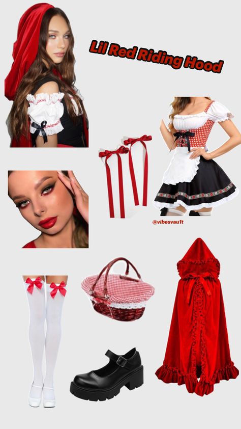 College age diy little red riding hood Halloween costume featuring a red cape, corset style dress,and a basket accessory. A flirty and modern take on the classic fairytale character. Red Riding Hood Costume Diy, Red Riding Hood Halloween Costume, Hood Halloween Costume, Red Riding Hood Halloween, Little Red Riding Hood Halloween, Shoes Doc Martens, Corset Style Dress, Studded Belts, Riding Hood Costume