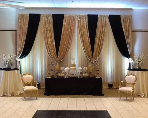 Black And Gold Backdrop Ideas Wedding, Black And Gold Banquet, Black Drape Backdrop, Black And Gold Backdrop Ideas, Banquet Ideas, Black And Gold Draping Backdrop, Banquet Hall Stage Backdrops, White And Gold Curtain Backdrop, Black And Gold Curtains