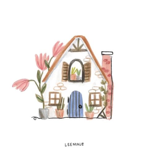 Simple House Drawing Aesthetic, Cute House Drawing Aesthetic, Simple Cottage Drawing, Pink House Drawing, Kawaii House Drawing, Simple Pretty Drawings, Cottage Core House Drawing, How To Draw A Cottage, Watercolour Houses Simple