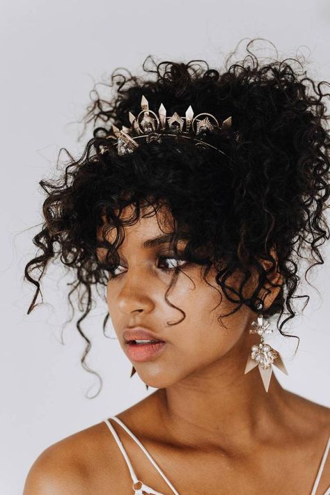 From twinkling hairpins to full-on tiaras, bridal hair accessories have upped their game in recent years. #weddinghair #weddinghairaccessories #weddingcrown #weddinghairband Curly Bridal Hair, Natural Hair Wedding, Beautiful Wedding Hair, Curly Wedding Hair, Wedding Hair Inspiration, Wedding Hairstyle, Hair Wedding, Short Curly Hair, Grunge Hair