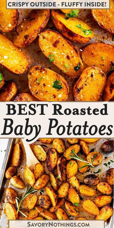 Roasted Baby Potatoes are not only delicious, but they also look so pretty! Try them as a side dish for your next big family dinner or holiday gathering – these are always a big hit with everyone! | #babypotatoes #potatoes #easyrecipes How To Cook Fingerling Potatoes In Oven, Ina Garten Fingerling Potatoes, Tasteful Selections Potatoes, Crispy New Potatoes, Fingerlings Potatoes Recipes, Recipes With Fingerling Potatoes, Roasted Baby Potatoes And Carrots, Best Fingerling Potatoes Recipe, Finger Link Potatoes Recipes