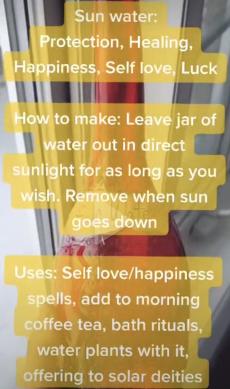 Uses For Sun Water, Sun Water Witchcraft, Sun Magick, Solar Witch, Witchy Wednesday, Grimoire Ideas, Happiness Spell, Shadow Book, Sun Crafts