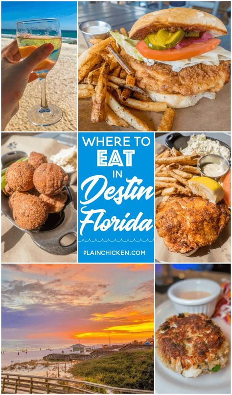 Where to Eat in Destin, FL - Sandestin, FL - great places to eat when you are at the beach! Touristy places and hidden gems that only the locals go to. Pompano Joe's, Fat Clemenza's, Grimaldi's, The Donut Hole, Seagar's, Boschamp's and Ocean Club. You don't want to miss these places! #travel #florida #destin #sandetin Florida Destin, Destin Florida Vacation, Florida Attractions, Travel Florida, Okaloosa Island, Florida Restaurants, Ocean Club, Panama City Beach Florida, Plain Chicken