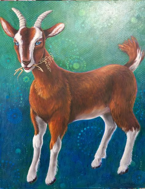 Acrylic gallery wrapped 24 x 36  goat  painting called "Goats Eat Oats" #acrylicpainting #goats #goatpaintings #animalpaintings #kathleenmeadorart Goat Art Illustration, Goat Drawing, Goat Picture, Goat Paintings, Butterfly Art Drawing, Animal Outline, Goat Art, German Art, Wood Burning Art