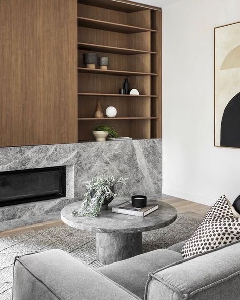 Kmode Interiors on Instagram: "Styling details at Brighton. #styledbykmode #styledtosell" Asymmetrical Fireplace Wall, Japandi Fireplace, Contemporary Fireplace Design, Low Fireplace, Minimalist Fireplace, Contemporary Fireplace Designs, Fireplace Feature Wall, Fireplace Style, Joinery Design