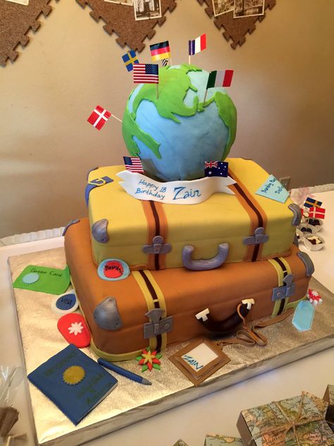 Fondant cake - Around the World Travel Theme Cake for Zain's 18th Birthday. Ask me how I made it - info@ListBuyRealEstate.com Travel Cake Ideas, Travel Theme Cake, Vintage Travel Themes, Birthday Party Places, Travel Cake, Travel Party Theme, Birthday Travel, Birthday Activities, Birthday Cakes For Men