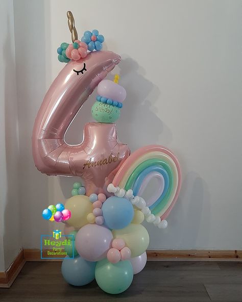 Heydi Party Decorations on Instagram: “~Annabel's 4th Birthday Balloons~ • This number balloon arrangement in pastel colour balloons is beautiful 😍 • Don't forget our Priority…” Rainbow Unicorn Birthday Party, Balloon Arrangement, Diy Birthday Backdrop, Unicorn Birthday Party Decorations, 1st Birthday Girl Decorations, Rainbow Unicorn Birthday, Balloon Crafts, Baby Balloon, Birthday Bouquet