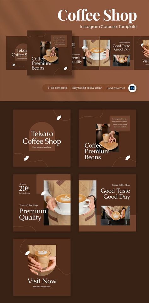 Coffee Shop Instagram Carousel Template PSD Coffee Shop Instagram, Instagram Carousel Template, Carousel Template, Instagram Mockup, App Design Layout, Lounge Interiors, Instagram Carousel, Instagram Template Design, Social Media Promotion