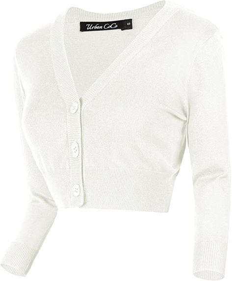 Urban CoCo Women's Cropped Cardigan V-Neck Button Down Knitted Sweater 3/4 Sleeve (S, White) at Amazon Women’s Clothing store Knitted Cropped Cardigan, Cardigan Design, Dapper Day, Women's Sweaters, V Neck Cardigan, Cool Sweaters, Cropped Cardigan, Amazon Women, Knit Sweater Cardigan