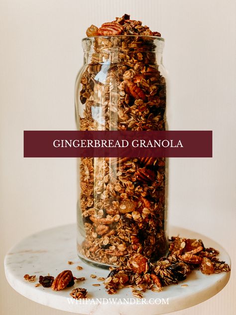 This Gingerbread Granola is sweet and spicy with a classic gingerbread spice mix, chunks of crystallized ginger, cranberries, and pecans. | #gingerbreadgranola #granolarecipe Gingerbread Granola Recipe, Gingerbread Granola, Sweet Brunch, Gingerbread Spice, Crystallized Ginger, Granola Recipe Homemade, Favorite Breakfast Recipes, Spice Mix, Granola Recipes