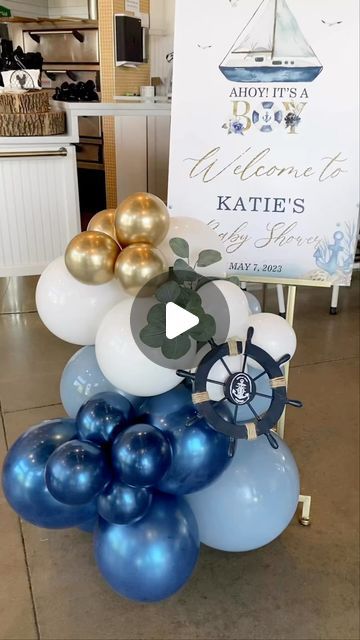 Ahoy It’s A Boy Baby Shower Theme, Nautical Balloon Arch, Ahoy It’s A Boy Baby Shower Decorations, Ahoy Its A Boy Baby Shower Ideas, Nautical Gender Reveal, Oh Boy Baby Shower Ideas, Boy Themed Baby Shower Ideas, Boy Baby Shower Ideas Themes, Baby Boy Shower Ideas Themes