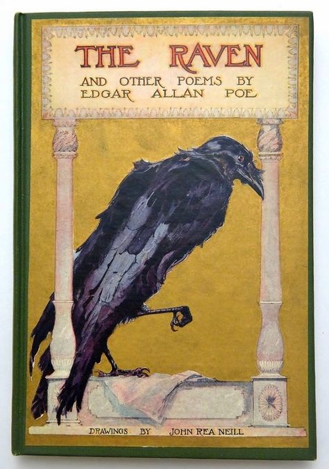 The Raven and Other Poems. Edgar Allen Poe. Illustrated by John Rea R. Neill. Reilly and Britton Company. Chicago, 1910. Once upon a midnight dreary, while I pondered, weak and weary, Over many a... Illustration Art Nouveau, Edgar Allen Poe, Vintage Book Covers, Beautiful Book Covers, Desenho Tattoo, The Raven, Edgar Allan, Edgar Allan Poe, Book Cover Art