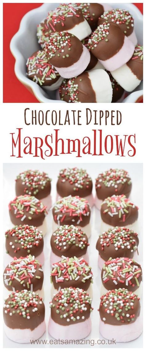 Quick and easy chocolate dipped marshmallows recipe - fun homemade gift idea for kids to make for christmas from Eats Amazing UK #Christmas #christmasgifts #homemade #Christmasfood #chocolate #marshmallow #easyrecipe #cookingwithkids #funfood #festive #ediblegifts #sprinkles Christmas Baking For Kids, Fun Homemade Gifts, Dipped Marshmallows, Cooking With Kids Easy, Christmas Afternoon Tea, Homemade Gift Idea, Chocolate Dipped Marshmallows, Marshmallow Dip, Chocolate Ideas