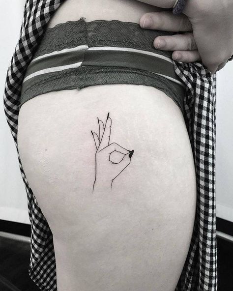 OK gesture tattoo on the thigh. Hand Gesture Tattoo, Simple Line Tattoo, Korea Tattoo, Hand Gesture, Line Art Tattoos, Temporary Tattoo Designs, Line Tattoos, Blackwork Tattoo, Travel Tattoo