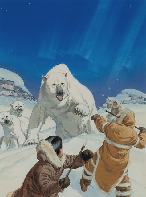 The Savage Arctic (Polar bears and Eskimos). Polar Bear Hunting, Angus Mcbride, Man Vs Nature, East Of The Sun, Warriors Illustration, Historical Warriors, Polar Bears, Illustration Artists, Outdoor Art