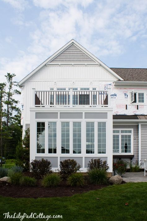 Sunroom Update - Outside - The Lilypad Cottage Gambrel Addition, Sunroom Update, Sunroom Exterior, French Modern Home, White Home Exterior, Waterfront Architecture, Lilypad Cottage, Update Kitchen, House Additions