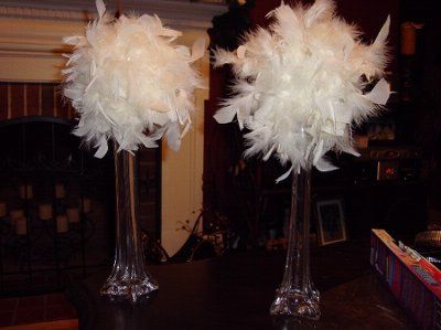 feather boa centerpieces, much cheaper than buying feathers on their own! Feather Ball Centerpiece, Feather Boa Centerpiece, Boa Centerpiece, Eiffel Tower Centerpiece, Gatsby Gala, Feather Centerpieces, Roaring 20, Gatsby Theme, Great Gatsby Party