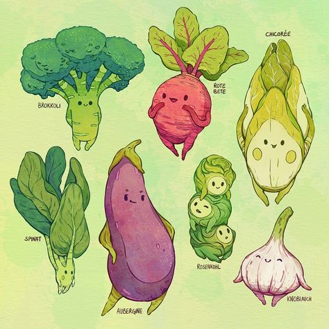 Johanna Puhl on Instagram: “Are you ready for more #vegetableart ? 🍆 let me know your favorite and which vegetable I should #draw next 😊  was fun to color those cuties…” Illustration Tumblr, Tumblr Cute, Vegetable Illustration, Monster Illustration, Drawing Style, Arte Fantasy, Cute Creatures, Cute Doodles, Creature Art