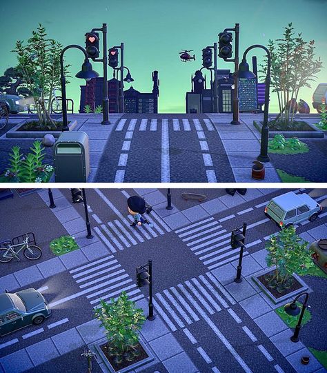 What more could any ACNH fan need? This urban build uses custom patterns for the roads, sidewalks, and the intersections. And if you need even more city-themed cityscape designs for your island then check the attached gallery Island Design Ideas, Urban Island, City Island, City Layout, Path Design, Island Theme, Urban Road, Forest City, Animal Crossing Villagers