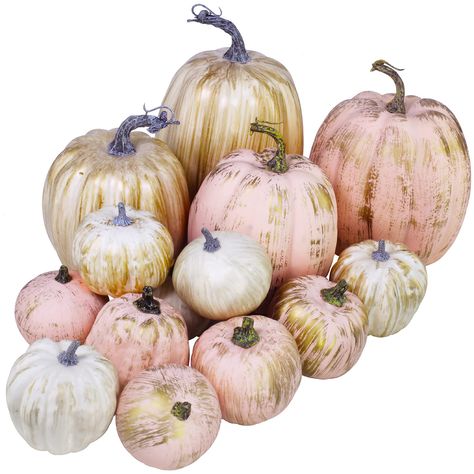 PRICES MAY VARY. Quantity: Package contains 7 pcs artificial gold brushed white pumpkins and 7 pcs artificial gold brushed pink pumpkins in assorted sizes. Use them to create classy displays for your Thanksgiving, Halloween, autumn wedding or special events. Color: This set of decorative pumpkins features characteristic pumpkin shapes and painted in harvest white and pastel pink, luminous gold brush is then added to each pumpkin. They are topped with whitewashed stems or brown stems. These are p Pink And White Pumpkin Decor, Pink And Gold Pumpkins, Fall Baby Shower Tables, Fall Baby Shower Flower Centerpieces, Pink Thanksgiving Decorations, Pink Fall Decorations, Pink October Ideas, Fall Baby Shower Centerpieces, Pink Pumpkin Baby Shower Ideas