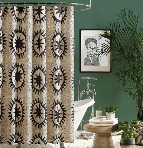 Give Your Bathroom An Instant Update With These Accessories Dark Shower Curtain Bathroom Ideas, Green Bathroom Shower Curtain Ideas, Eclectic Shower Curtain, Bathroom Shower Curtain Ideas, Dark Green Bathrooms, Black And White Shower Curtain, Shower Curtain Black, Luxury Bathroom Design, Cozy Bathroom