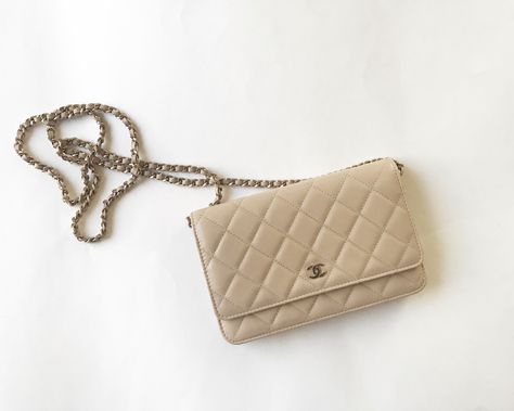 Chanel Wallet on Chain in beige. Very RARE to find this color in WOC style. Luxury Chic Beige Wallet On Chain, Chanel Wallet On Chain Outfit, Chanel Woc Beige, Chanel Wallet On Chain Beige, Wallet On Chain Chanel, Chanel Classic Wallet On Chain, Chanel Wallet On Chain, Chanel Woc, Pink Chanel Wallet On Chain