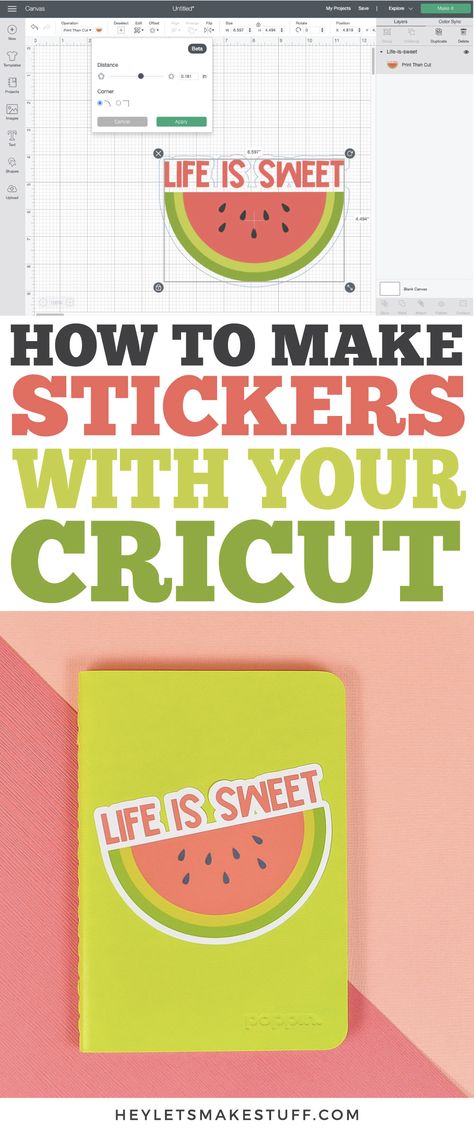 Make all sorts of stickers using your Cricut Maker or Explore and the offset feature in Cricut Design Space! Learn how to turn ANY image into a Cricut print then cut sticker with this fun tutorial. Cricut Print Then Cut, Cricut Stickers, Cricut Projects Easy, Create A Sticker, Printable Sticker Paper, Cricut Help, Cricut Print And Cut, How To Use Cricut, Make Stickers