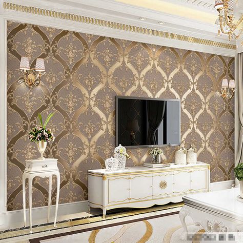 Gold Wallpaper Living Room, Tv Wanddekor, European Wallpaper, Creative Curtains, Room Wallpaper Designs, Wallpaper Designs For Walls, 3d Wallpaper Design, Living Room Wall Designs, Redecorating Ideas