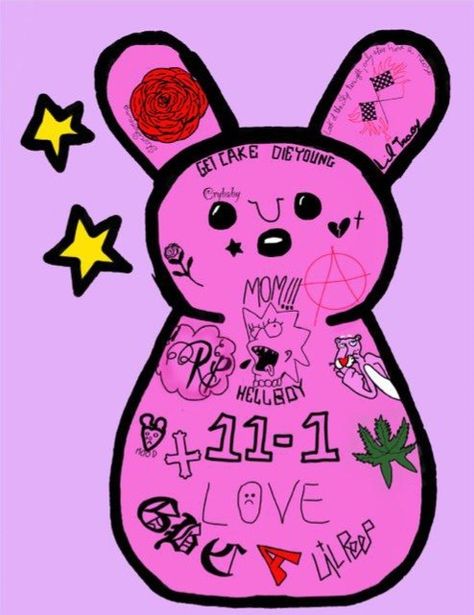 a tattooed pink bunny plush I Love Lil Peep, Peep Bunny, Bunny Tattoos, Face Tattoos, Tattoo Design Drawings, Cute Tattoos, Drawing Sketches, Music Artists, Tatting