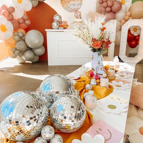 Kara's Party Ideas Boho Disco Party | Kara's Party Ideas Boho Disco Birthday Party, Disco Boho Party, 70s Centerpiece Ideas, Disco Baby Shower Ideas, Disco Party Centerpiece Ideas, Boho Disco Party, Disco Ball Centerpiece Ideas, Groovy Disco Party, Panel Backdrop