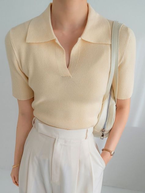 Collar Knit Top, Summer Business Casual Tops, Womens Business Casual Summer, Casual Office Outfits Women Summer, Business Casual Tops For Women, Professional Tops, Short Sleeve Outfits, Collared Knit Top, Knitted Top Outfit